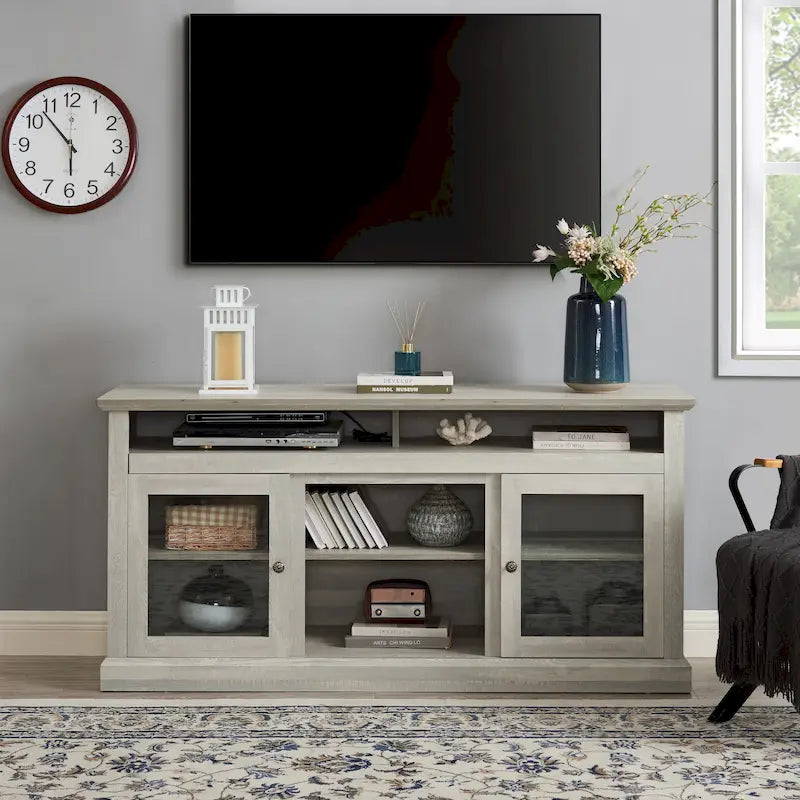 Stone Gray 60 Inch TV Stand with Cable Management, Glass Doors, and Adjustable Shelves for TVs Up to 65