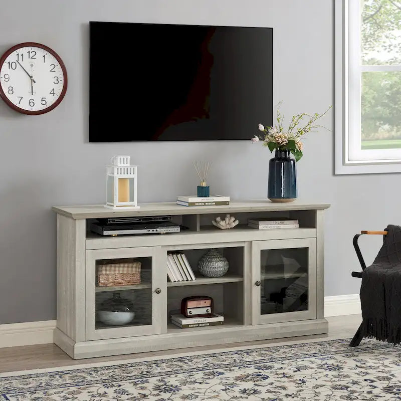 Stone Gray 60 Inch TV Stand with Cable Management, Glass Doors, and Adjustable Shelves for TVs Up to 65