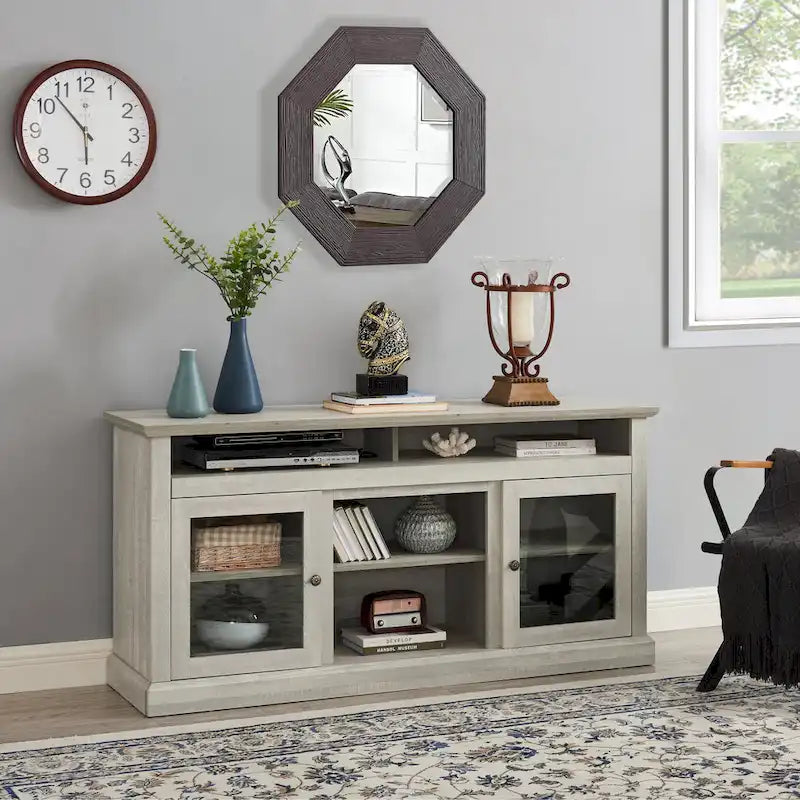 Stone Gray 60 Inch TV Stand with Cable Management, Glass Doors, and Adjustable Shelves for TVs Up to 65