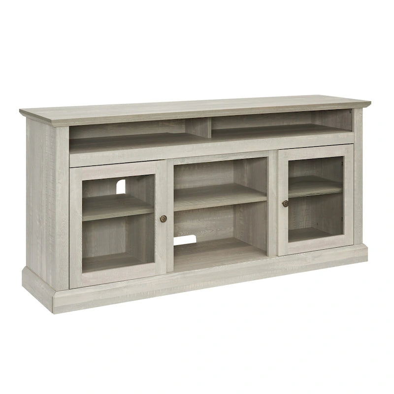 Stone Gray 60 Inch TV Stand with Cable Management, Glass Doors, and Adjustable Shelves for TVs Up to 65