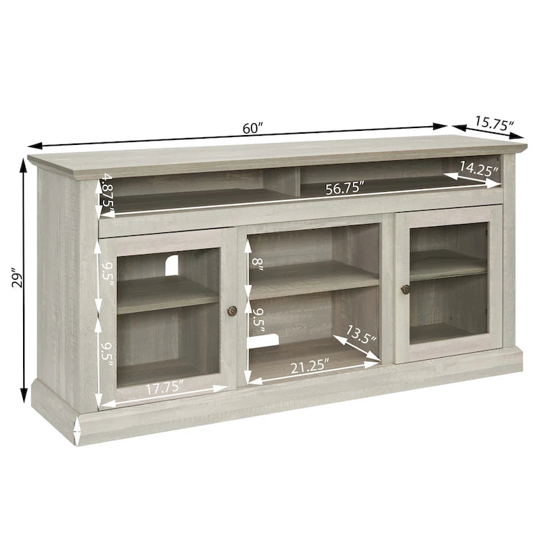 Stone Gray 60 Inch TV Stand with Cable Management, Glass Doors, and Adjustable Shelves for TVs Up to 65
