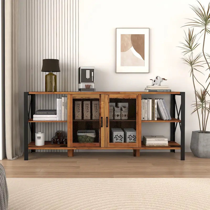 Walnut 70.87 Inch Farmhouse TV Stand with Open Storage for 70 TVs