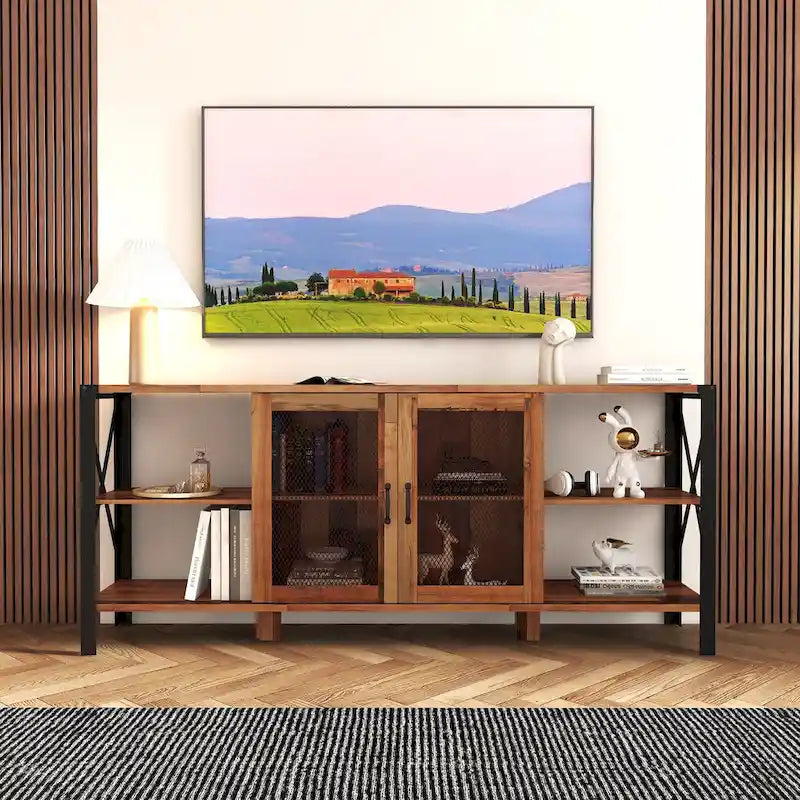 Walnut 70.87 Inch Farmhouse TV Stand with Open Storage for 70 TVs