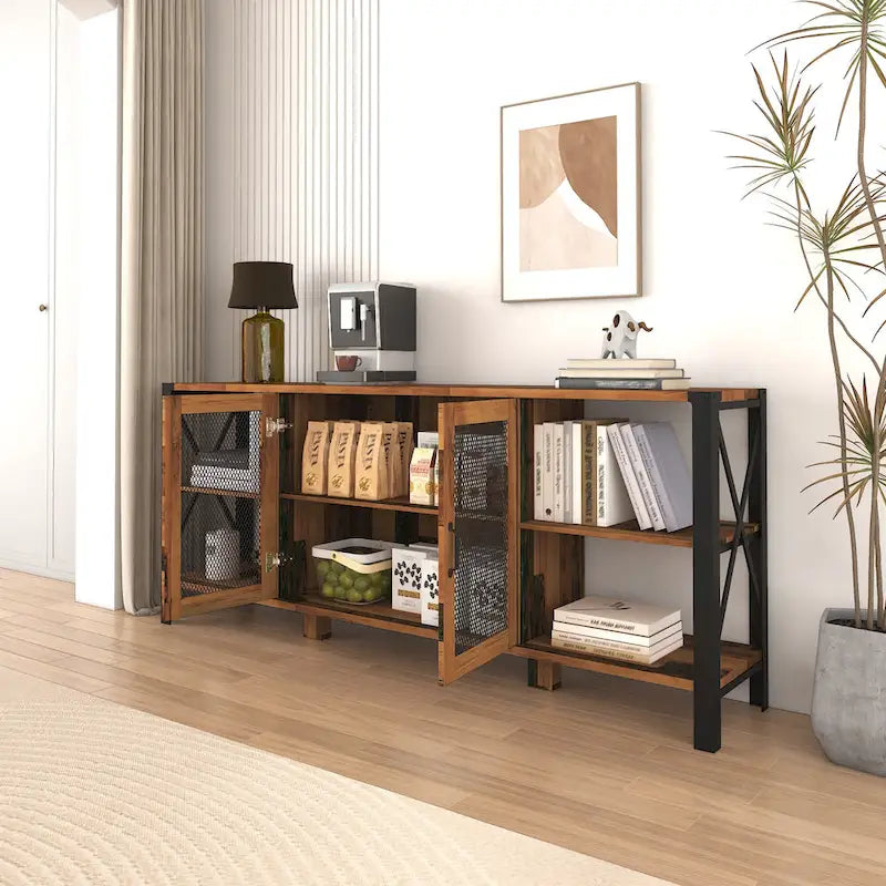 Walnut 70.87 Inch Farmhouse TV Stand with Open Storage for 70 TVs
