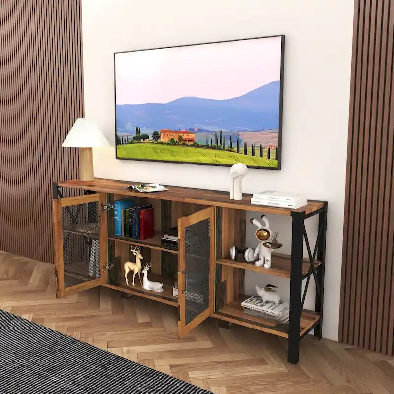Walnut 70.87 Inch Farmhouse TV Stand with Open Storage for 70 TVs
