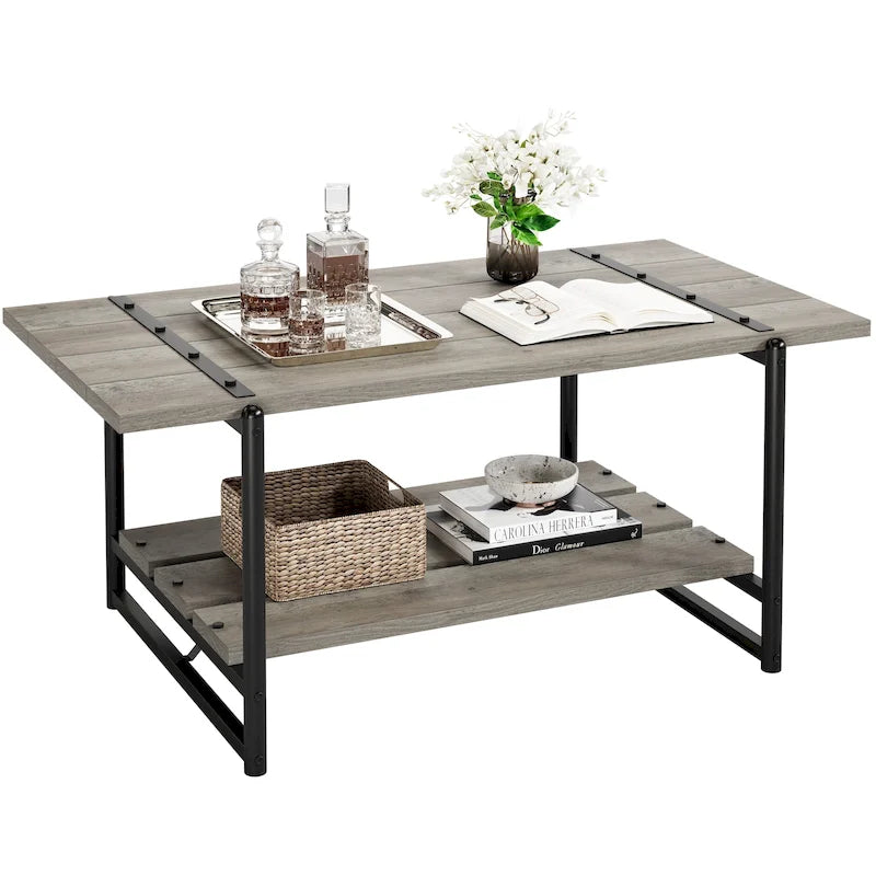 41 Inch Large 2-Tier Industrial Wood Coffee Table with Storage Shelf