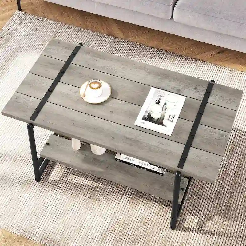 41 Inch Large 2-Tier Industrial Wood Coffee Table with Storage Shelf