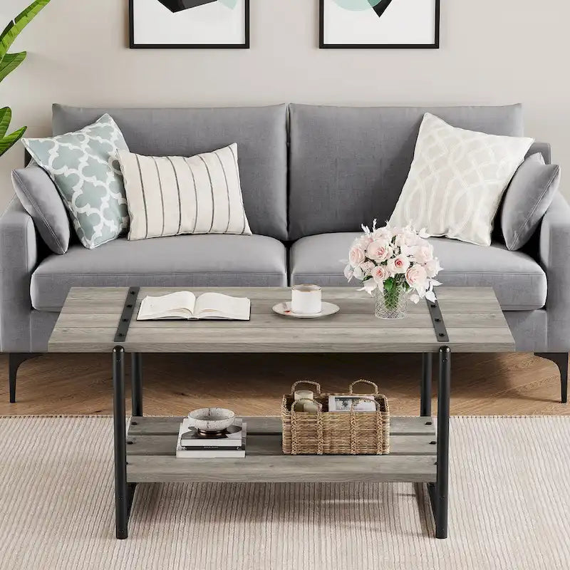 41 Inch Large 2-Tier Industrial Wood Coffee Table with Storage Shelf
