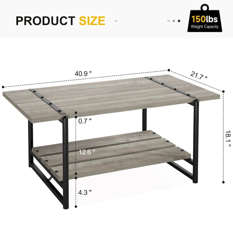 41 Inch Large 2-Tier Industrial Wood Coffee Table with Storage Shelf