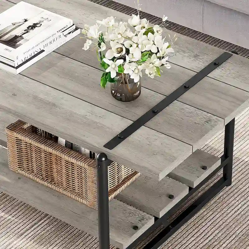 41 Inch Large 2-Tier Industrial Wood Coffee Table with Storage Shelf