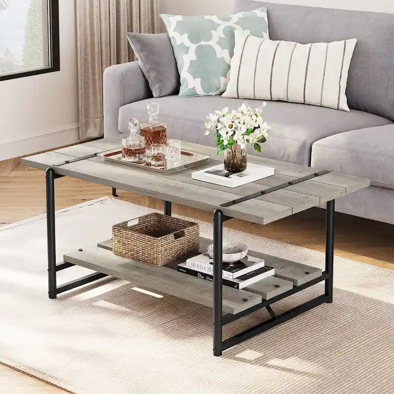 41 Inch Large 2-Tier Industrial Wood Coffee Table with Storage Shelf