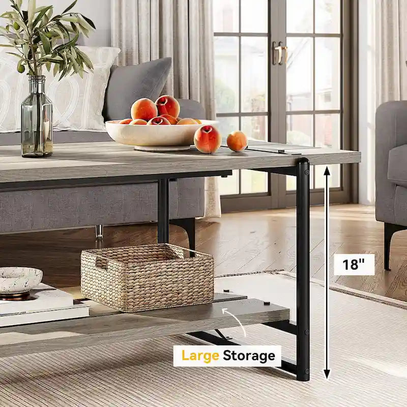 41 Inch Large 2-Tier Industrial Wood Coffee Table with Storage Shelf