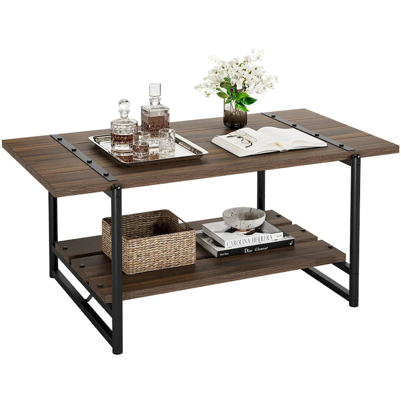 41 Inch Large 2-Tier Industrial Wood Coffee Table with Storage Shelf