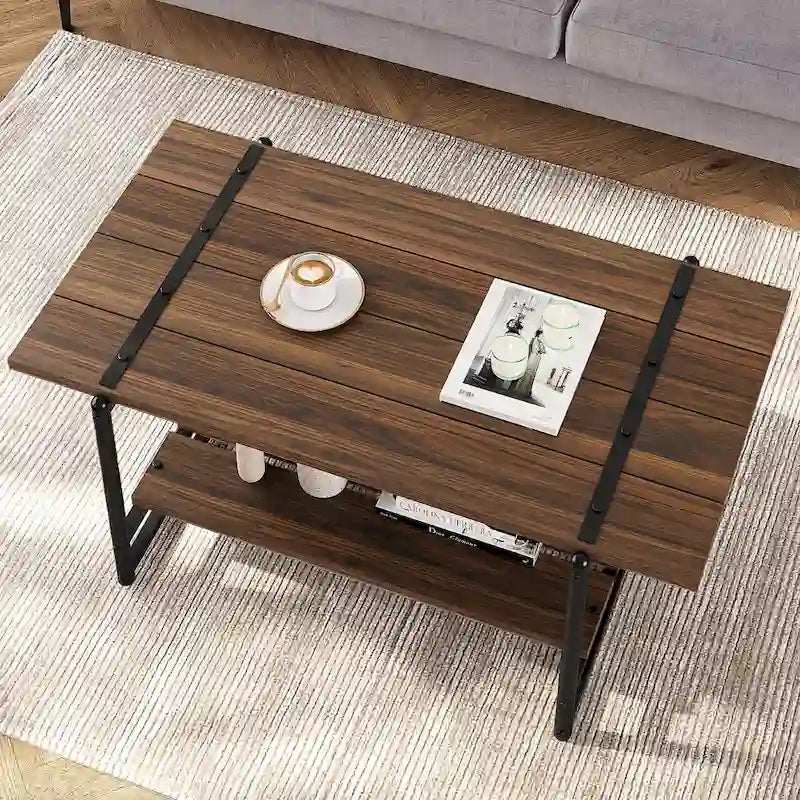 41 Inch Large 2-Tier Industrial Wood Coffee Table with Storage Shelf