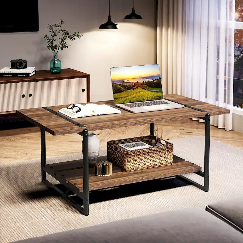 41 Inch Large 2-Tier Industrial Wood Coffee Table with Storage Shelf
