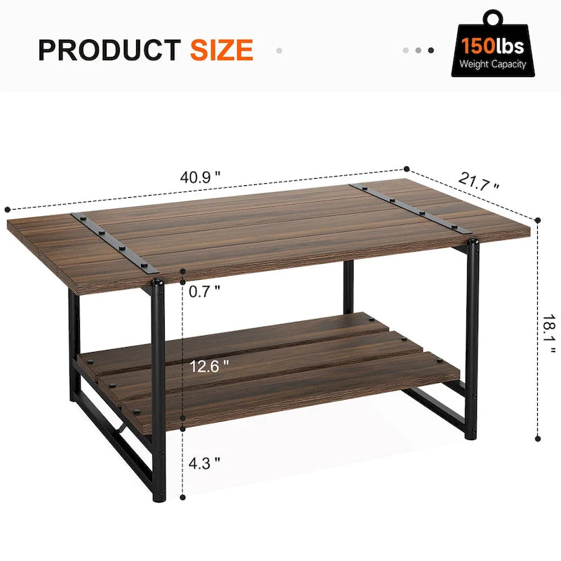 41 Inch Large 2-Tier Industrial Wood Coffee Table with Storage Shelf