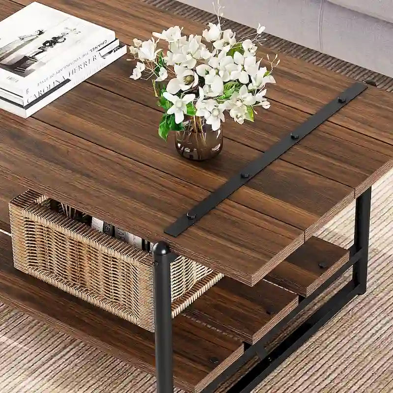 41 Inch Large 2-Tier Industrial Wood Coffee Table with Storage Shelf