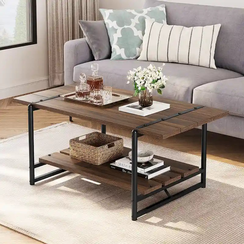 41 Inch Large 2-Tier Industrial Wood Coffee Table with Storage Shelf