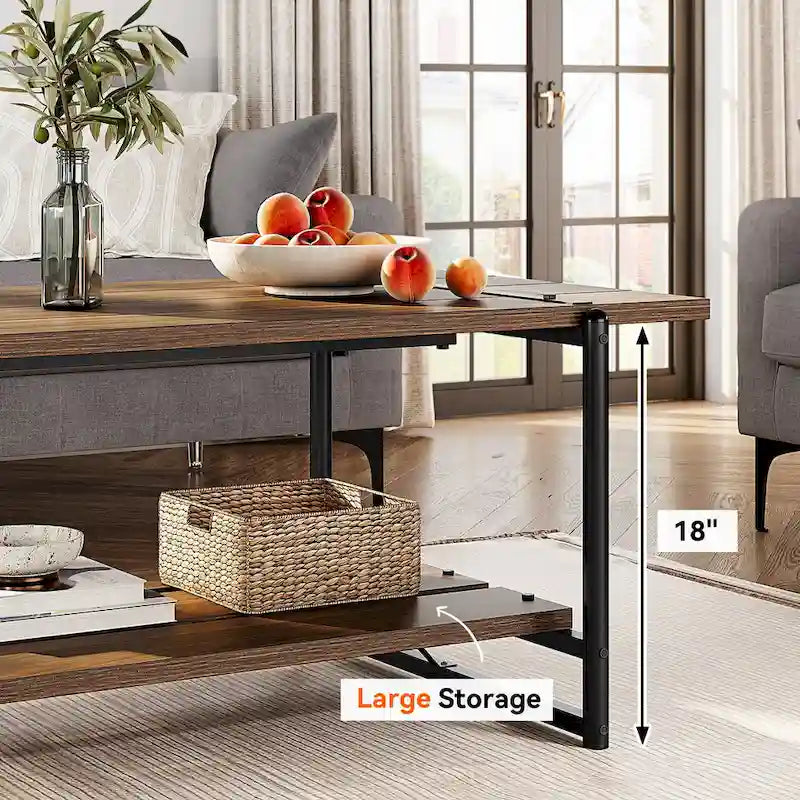 41 Inch Large 2-Tier Industrial Wood Coffee Table with Storage Shelf