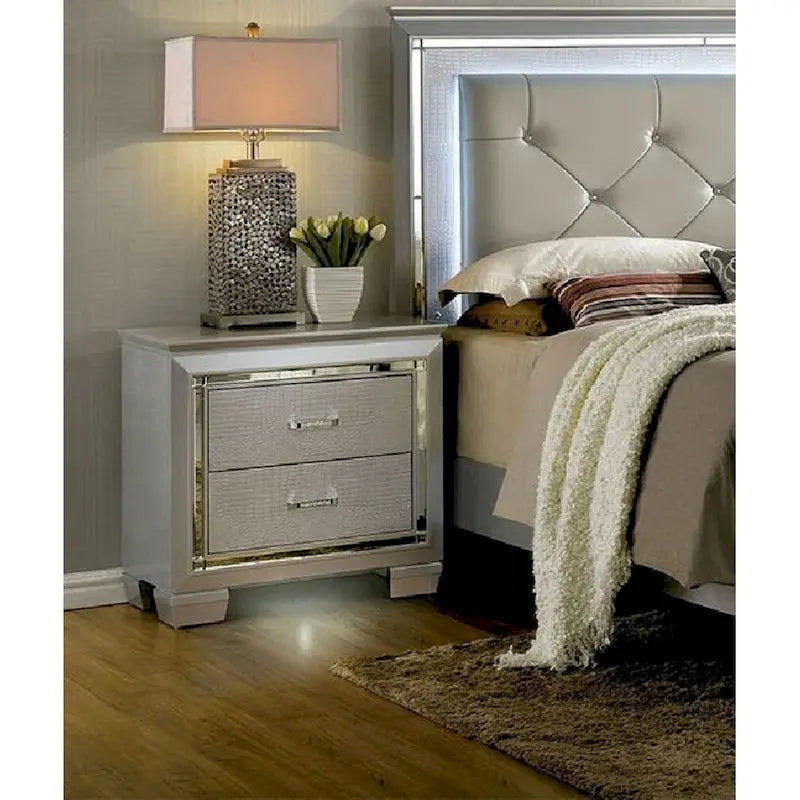 1pc Nightstand Silver Bedside Table LED Light