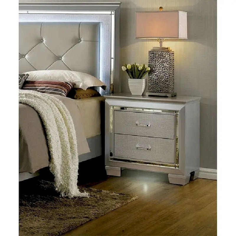 1pc Nightstand Silver Bedside Table with LED Light