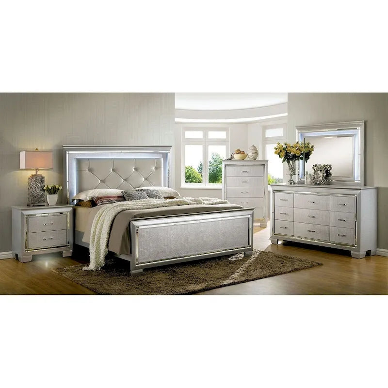 1pc Nightstand Silver Bedside Table with LED Light