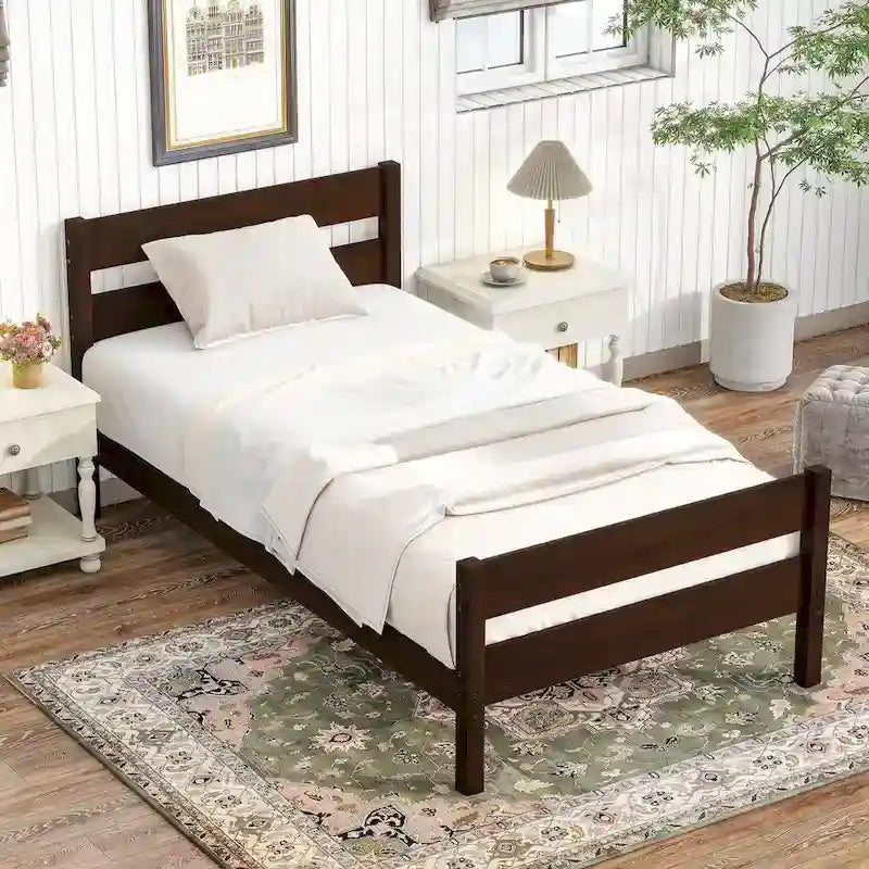 Twin Bed with Headboard and Footboard, Espresso Finish, Space-Saving Design with Storage