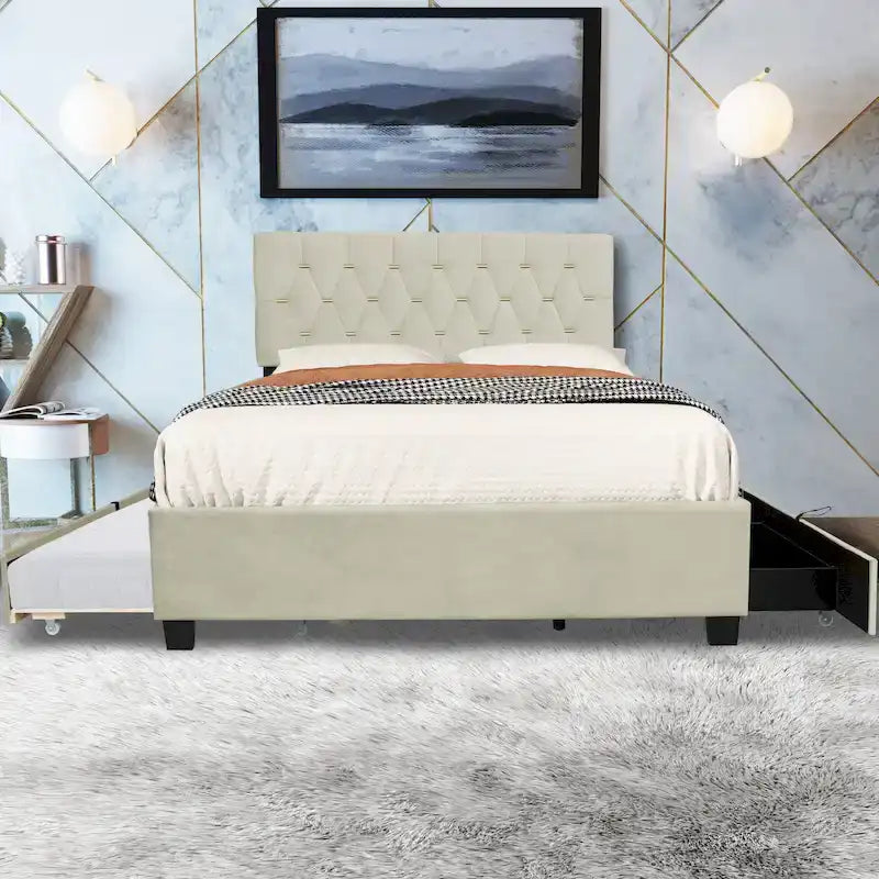 Queen Size Platform Bed with Gold Tufted Headboard, Trundle and Storage (600lb Capacity)