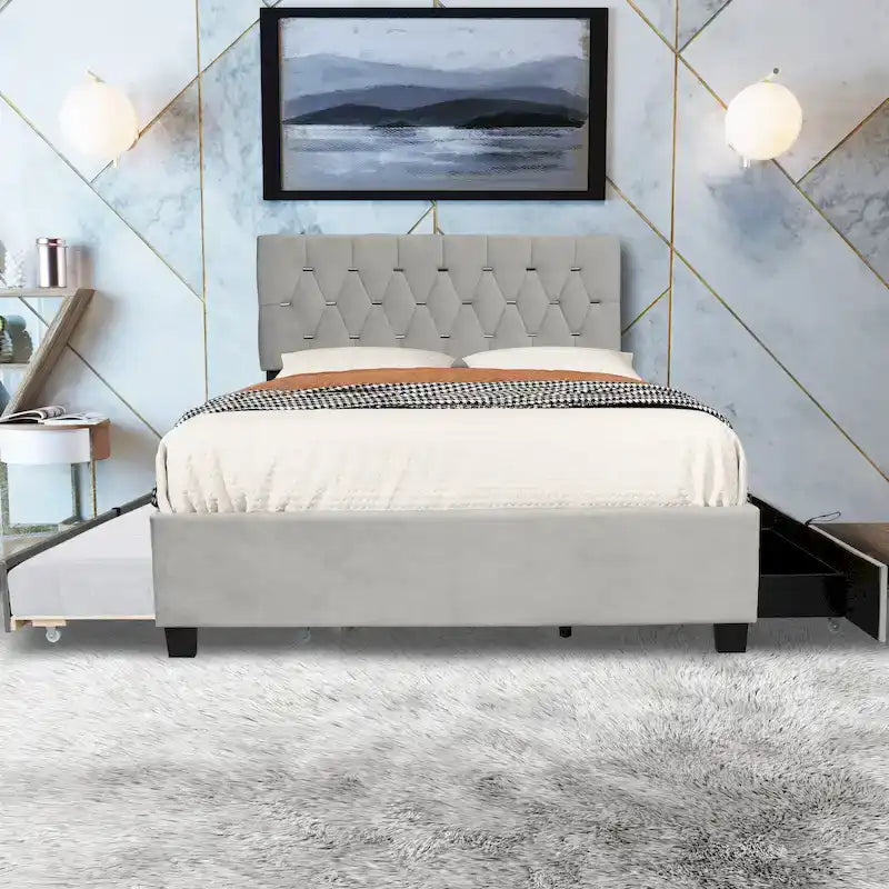 Queen Size Platform Bed with Gold Tufted Headboard, Trundle and Storage (600lb Capacity)