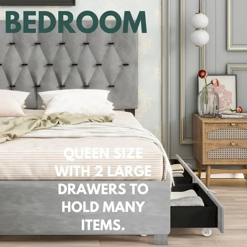 Queen Size Platform Bed with Gold Tufted Headboard, Trundle and Storage (600lb Capacity)
