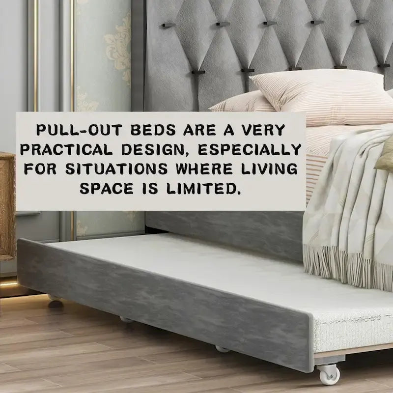 Queen Size Platform Bed with Gold Tufted Headboard, Trundle and Storage (600lb Capacity)