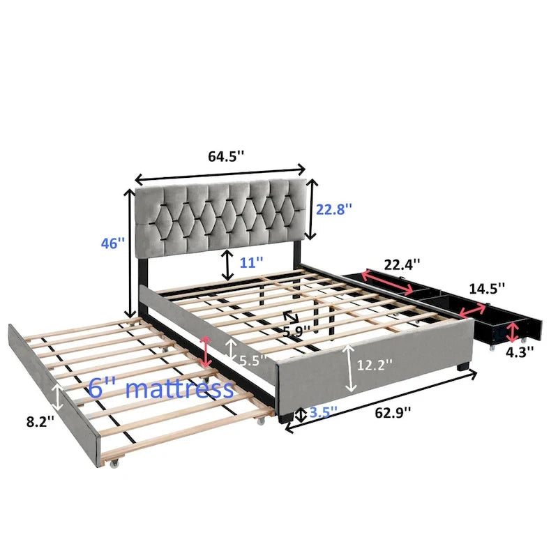 Queen Size Platform Bed with Gold Tufted Headboard, Trundle and Storage (600lb Capacity)