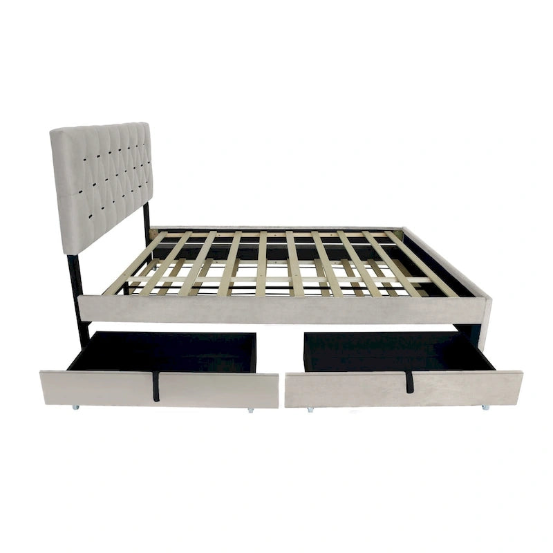 Queen Size Platform Bed with Gold Tufted Headboard, Trundle and Storage (600lb Capacity)