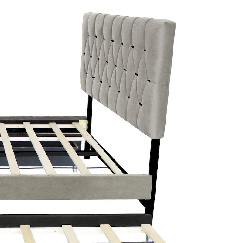 Queen Size Platform Bed with Gold Tufted Headboard, Trundle and Storage (600lb Capacity)