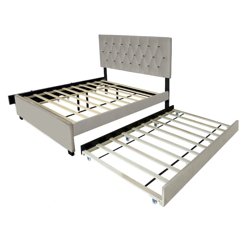 Queen Size Platform Bed with Gold Tufted Headboard, Trundle and Storage (600lb Capacity)