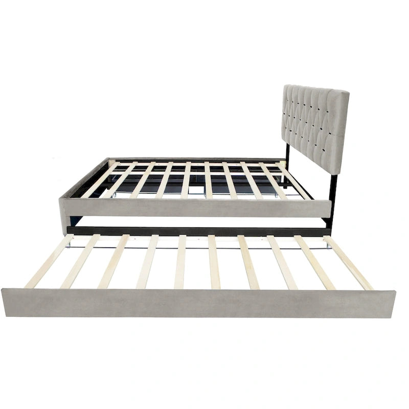 Queen Size Platform Bed with Gold Tufted Headboard, Trundle and Storage (600lb Capacity)