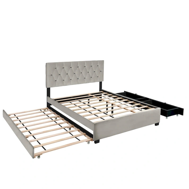 Queen Size Platform Bed with Gold Tufted Headboard, Trundle and Storage (600lb Capacity)