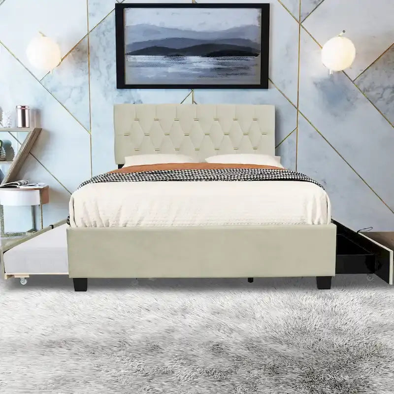 Queen Size Platform Bed with Gold Tufted Headboard, Trundle and Storage (600lb Capacity)