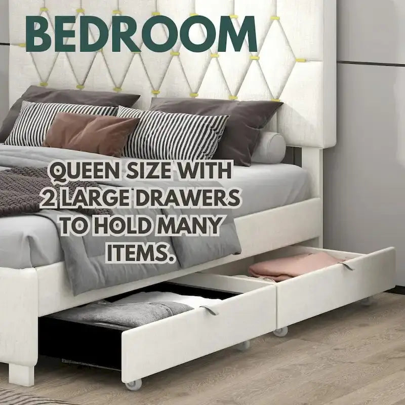 Queen Size Platform Bed with Gold Tufted Headboard, Trundle and Storage (600lb Capacity)