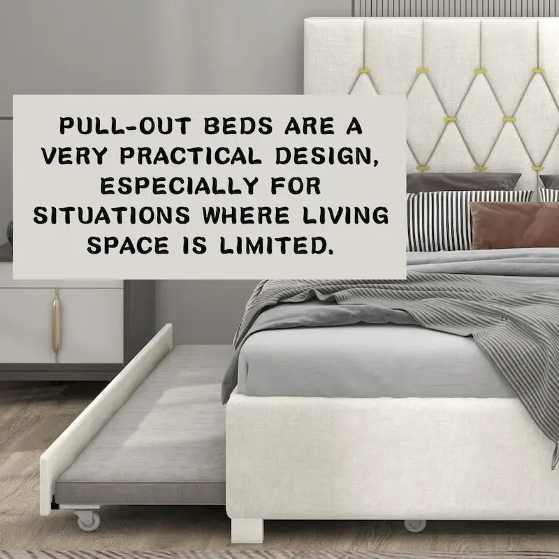 Queen Size Platform Bed with Gold Tufted Headboard, Trundle and Storage (600lb Capacity)