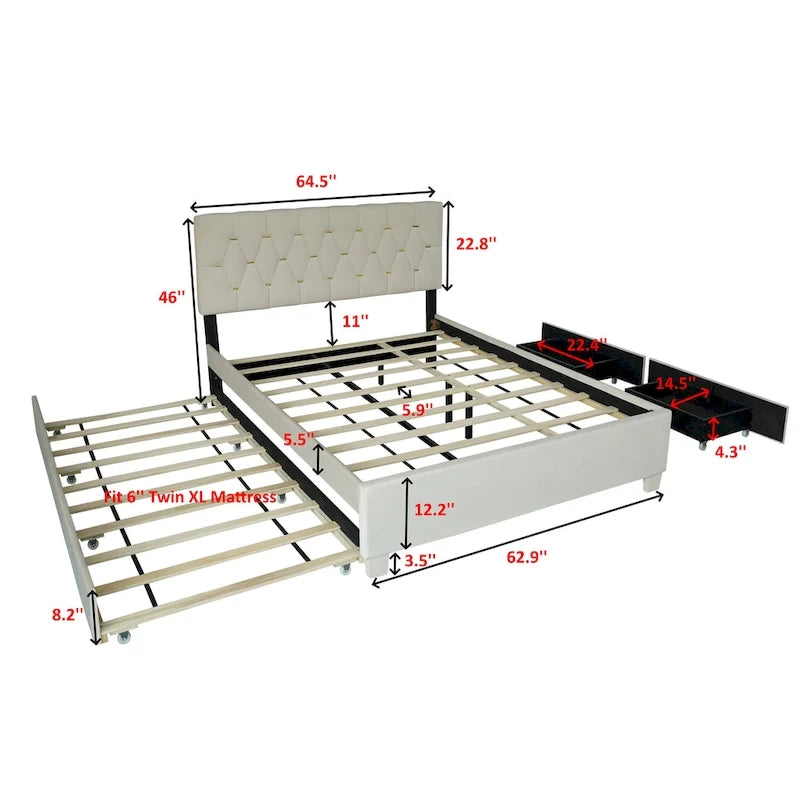 Queen Size Platform Bed with Gold Tufted Headboard, Trundle and Storage (600lb Capacity)