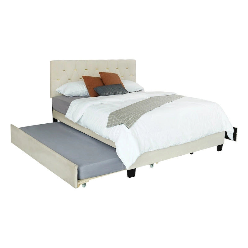 Queen Size Platform Bed with Gold Tufted Headboard, Trundle and Storage (600lb Capacity)