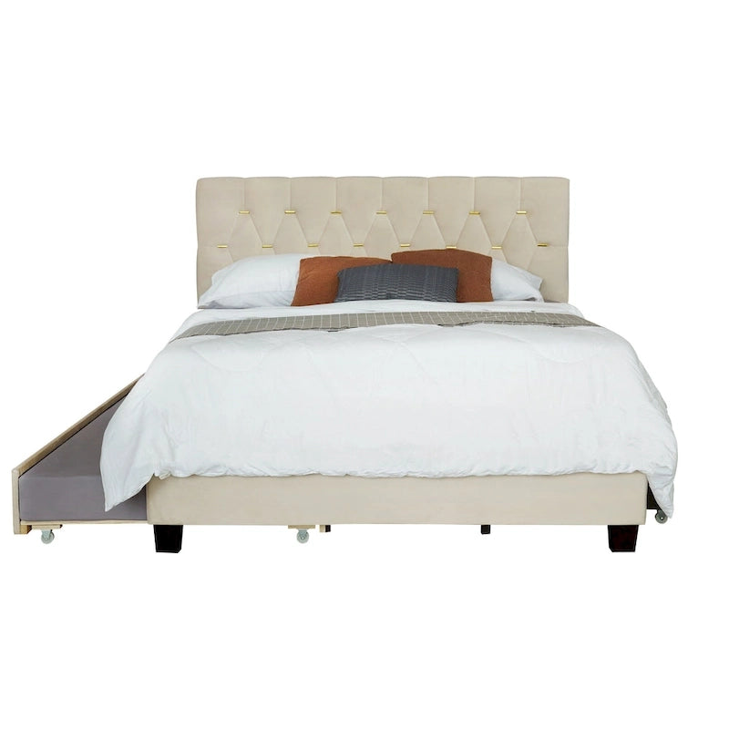 Queen Size Platform Bed with Gold Tufted Headboard, Trundle and Storage (600lb Capacity)