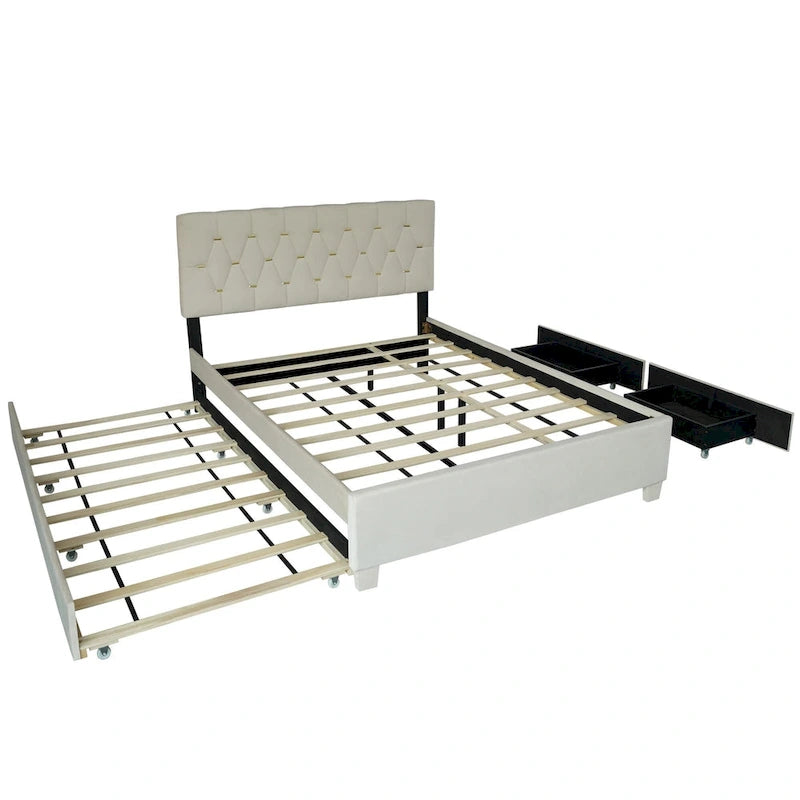 Queen Size Platform Bed with Gold Tufted Headboard, Trundle and Storage (600lb Capacity)