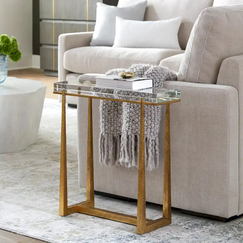Thick Crystal Top End Accent Table, 24 Inch, Antique Gold