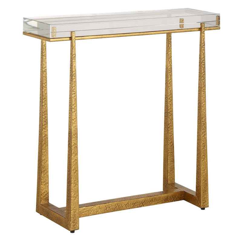 Thick Crystal Top End Accent Table, 24 Inch, Antique Gold