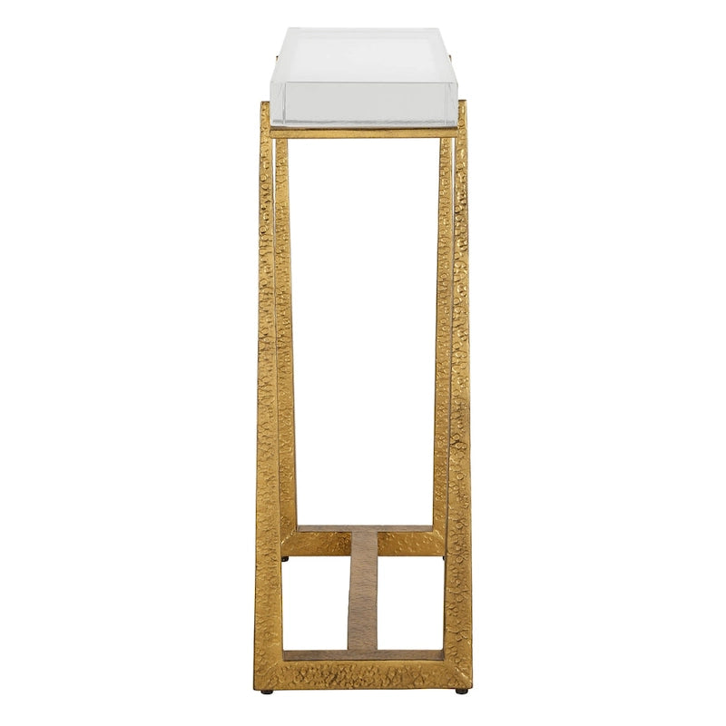Thick Crystal Top End Accent Table, 24 Inch, Antique Gold