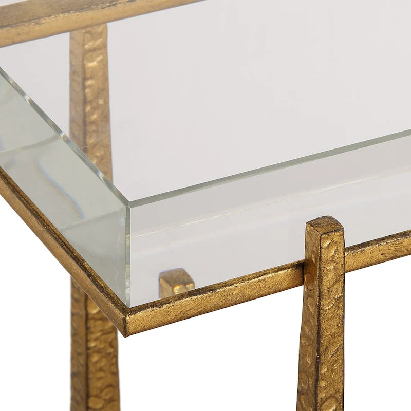 Thick Crystal Top End Accent Table, 24 Inch, Antique Gold