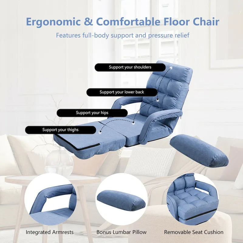Blue Folding Lazy Sofa Floor Chair and Lounger Bed