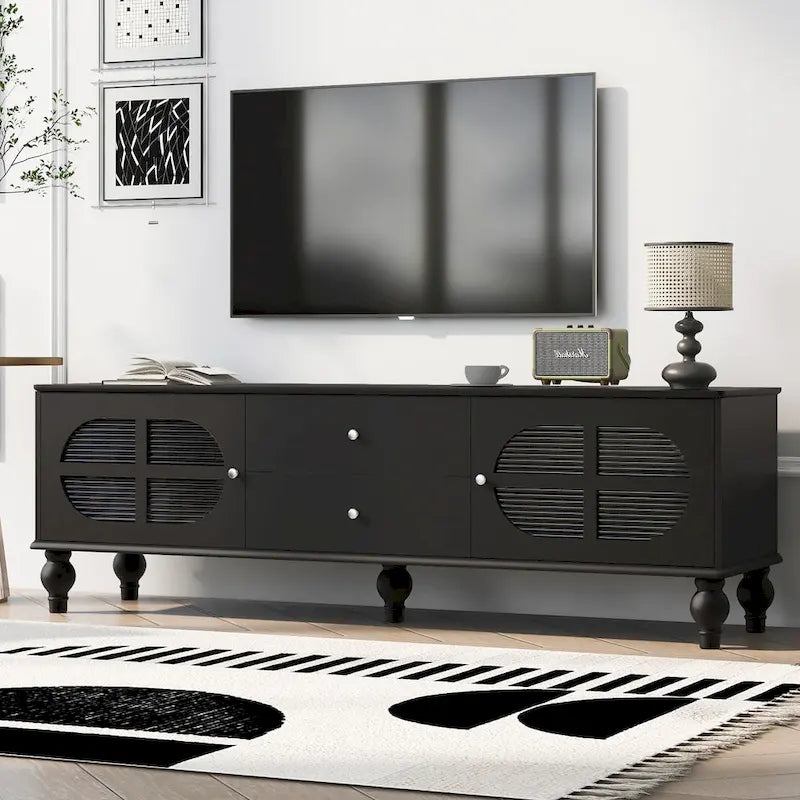 Modern Minimalist TV Stand with 2 Storage Cabinets, 2 Drawers and Cable Management for Living Room Bedroom